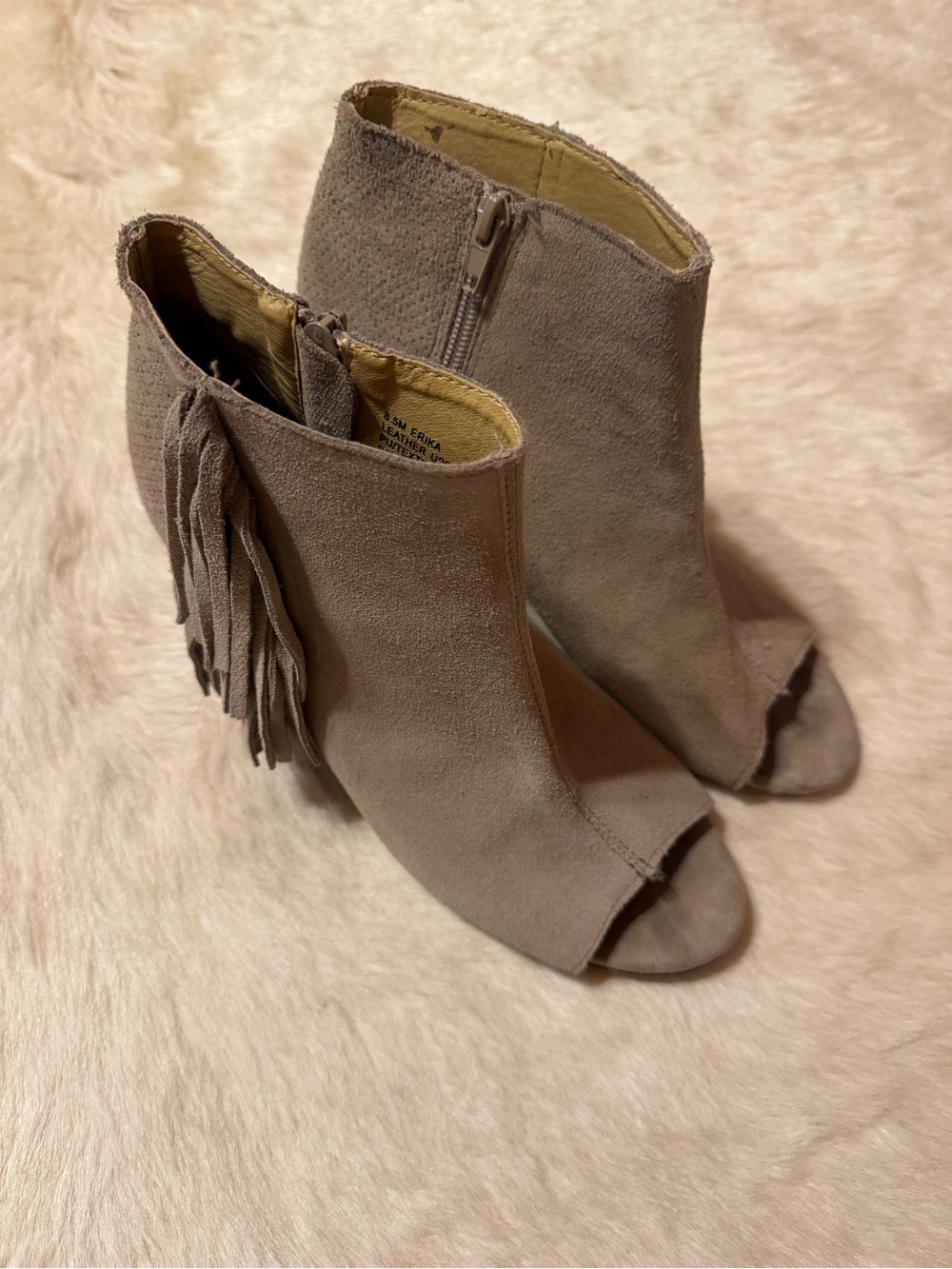 Kensie Taupe Suede Peep-Toe Fringe Ankle Boots